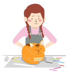 Girl Cat Pet Sit On Table Illustration