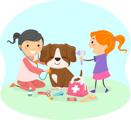 Stickman Kids Girls Vet Play Check Up Illustration