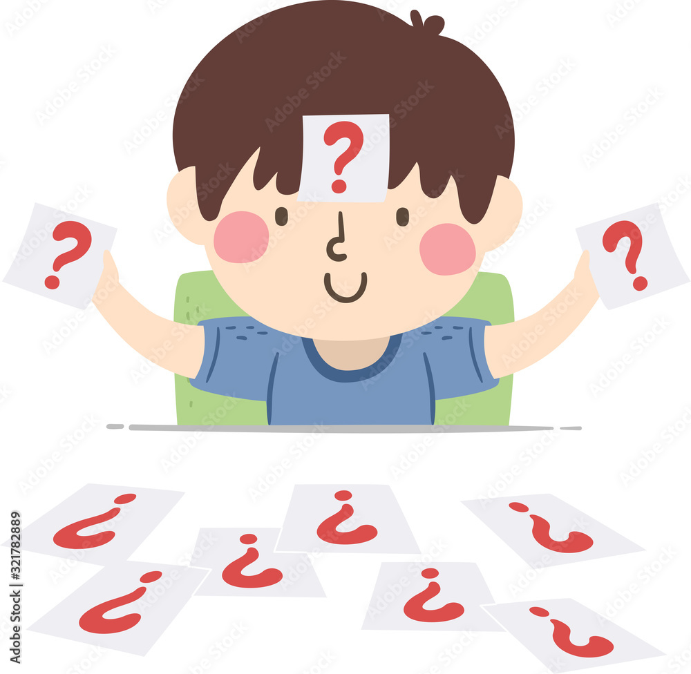 Sticker kid boy papers question marks illustration