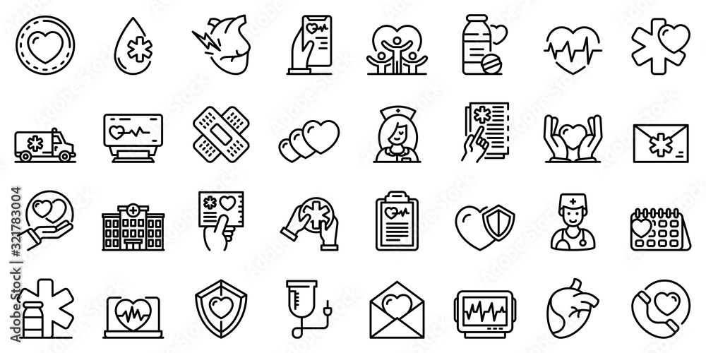 Poster cardiologist icons set. outline set of cardiologist vector icons for web design isolated on white ba