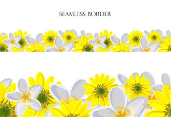 Flower meadow seamless vector border. repeating pattern. Use for greeting cards, surface decoration, ribbons, fabric decoration, Easter, footer..