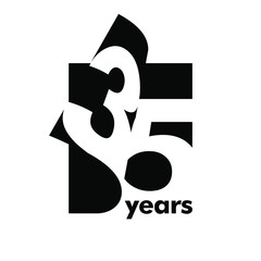 Isolated abstract logo 35 years. In the form of an open book, magazine. Happy greeting card for the 35 th birthday. Black color writing on white background. - obrazy, fototapety, plakaty