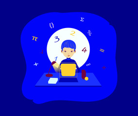 Young boy studying math, algebra, physics, on the desk with a laptop. Flat cartoon vector concept illustration on studying hard sciences and new learning techniques. Isolated on blue background