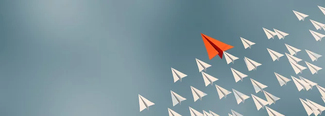 Gordijnen 3D illustration of leadership success business concept rocket paper fly over color background lead rocket stand out of other paper rocket follower © whyframeshot