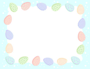 Postcard template with Easter eggs in pastel colors. Printable stationary mockup with cute Ostara colored eggs frame composition.