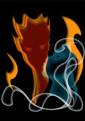 man and woman fire and smoke, bright burning, on a dark background
