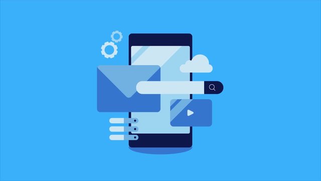 Mobile app development,  cloud computing, email, server, search, settings, internet and technology concept. 2d animation video clip.