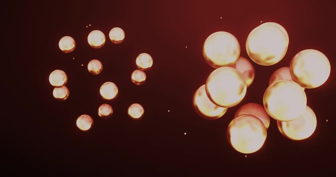 Bolas met&aacute;licas doradas y brillantes en movimiento con fondo brumoso y part&iacute;culas en movimiento. Usa efectos de desenfoque. 3d
