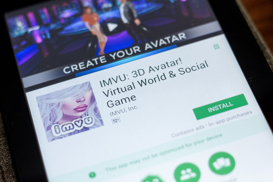 Ryazan, Russia - July 03, 2018: IMVU: 3D Avatar! Virtual World & Social Game mobile app on the display of tablet PC.