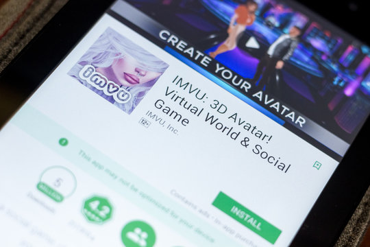 Ryazan, Russia - July 03, 2018: IMVU: 3D Avatar! Virtual World & Social Game mobile app on the display of tablet PC.