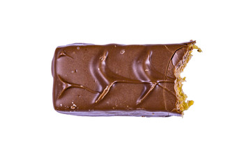 Bitten milk chocolate bar isolated on a white background