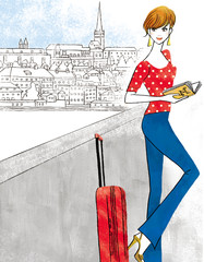 海外旅行でガイドブックを見る女性