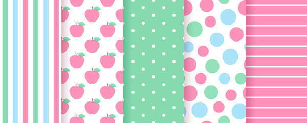 Scrapbook pattern. Seamless background for scrap design. Vector. Cute, chic print with circles, apple, polka dot and stripes. Trendy texture. Color illustration. Geometric paper pack.