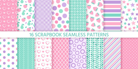 Scrapbook background, seamless pattern. Vector. Cute paper for scrap design. Chic print with heart, polka dot, stripe, fruit, check, star. Trendy modern texture. Color illustration. Geometric backdrop