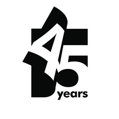 Isolated abstract logo 45 years. In the form of an open book, magazine. Happy greeting card for the 45 th birthday. Black color writing on white background. - obrazy, fototapety, plakaty