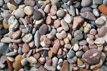 Gravel pattern of colored stones with shell. Abstract nature pebbles background.Small sea stones on the beach, vacation at sea. Top view   