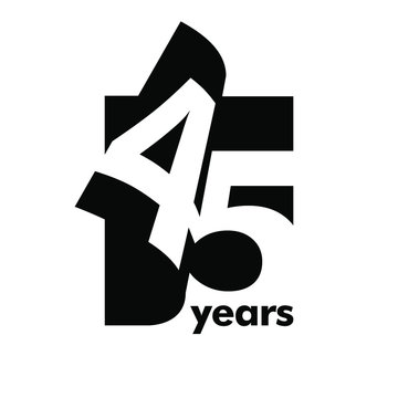 Isolated abstract logo 45 years. In the form of an open book, magazine. Happy greeting card for the 45 th birthday. Black color writing on white background.