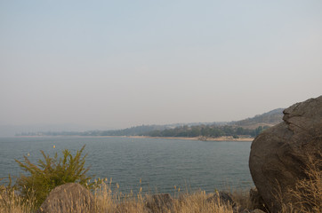 Lake Jindabyne covered in a smokey haze