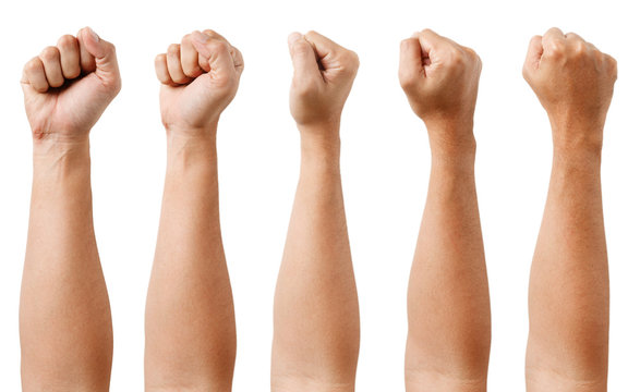 GROUP of Male asian hand gestures isolated over the white background. Grab with five fingers Action. Fist.