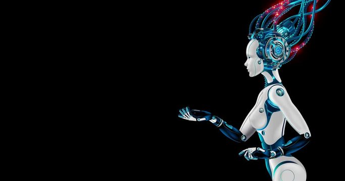 Female robot or cyborg holds out its hand. bionic mechanical woman with AI. Artificial intelligence or neural network in image cybernetic girl. Animation with alpha channel. Digital technology concept