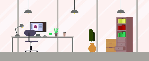 Modern office interior vector illustration. Workplace Desk Documents Papers Folder Office Stuff