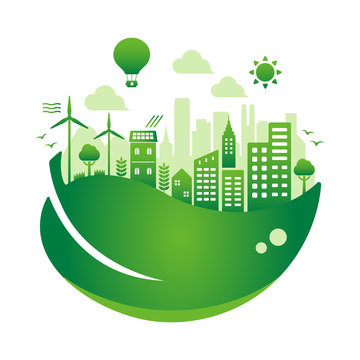 Green Eco City Vector Illustration ( Ecology Concept , Nature Conservation ) / No Text