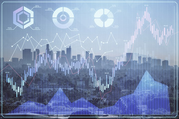 Forex chart on cityscape with skyscrapers wallpaper multi exposure. Financial research concept.