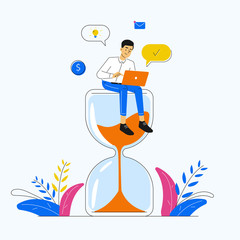 Business concept. Man sitting on an hourglass and working on his laptop, business process icons and plants on background. Multitasking, productivity and time management concept. Vector illustration