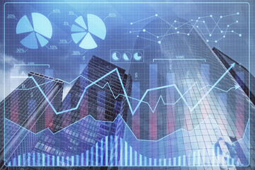 Forex chart on cityscape with skyscrapers wallpaper multi exposure. Financial research concept.