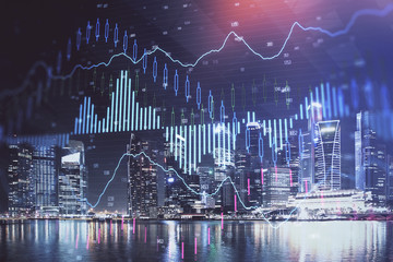 Financial chart on city scape with tall buildings background multi exposure. Analysis concept.
