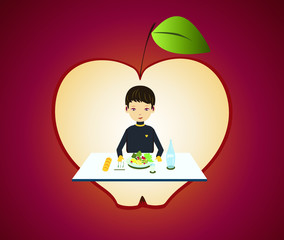 Young Boy eating vegetables, pasta and bread on the table, for lunch. with apple. Flat cartoon vector illustration on the concept of vegetarian eating and healthy nutrition. Isolated on red background