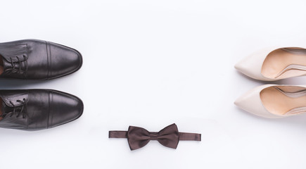 Wedding Shoes And Black Bow-Tie On White Background, Top-View, Panorama