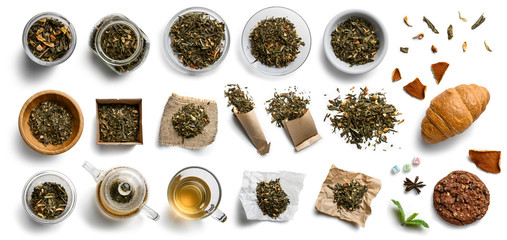 Green tea and accessories top view on white background