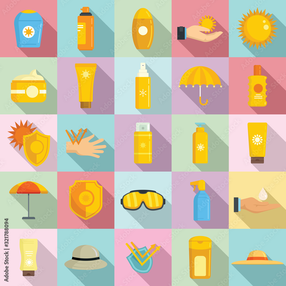 Poster uv protection icons set. flat set of uv protection vector icons for web design