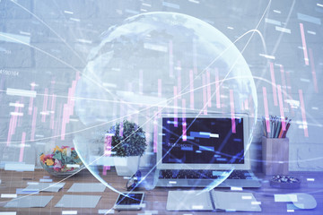Financial market graph hologram and personal computer on background. Multi exposure. Concept of forex.
