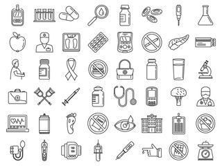 Diabetes care icons set. Outline set of diabetes care vector icons for web design isolated on white background