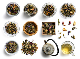 Green tea and accessories top view on white background