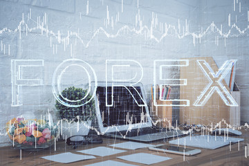 Double exposure of forex graph and work space with computer. Concept of international online trading.