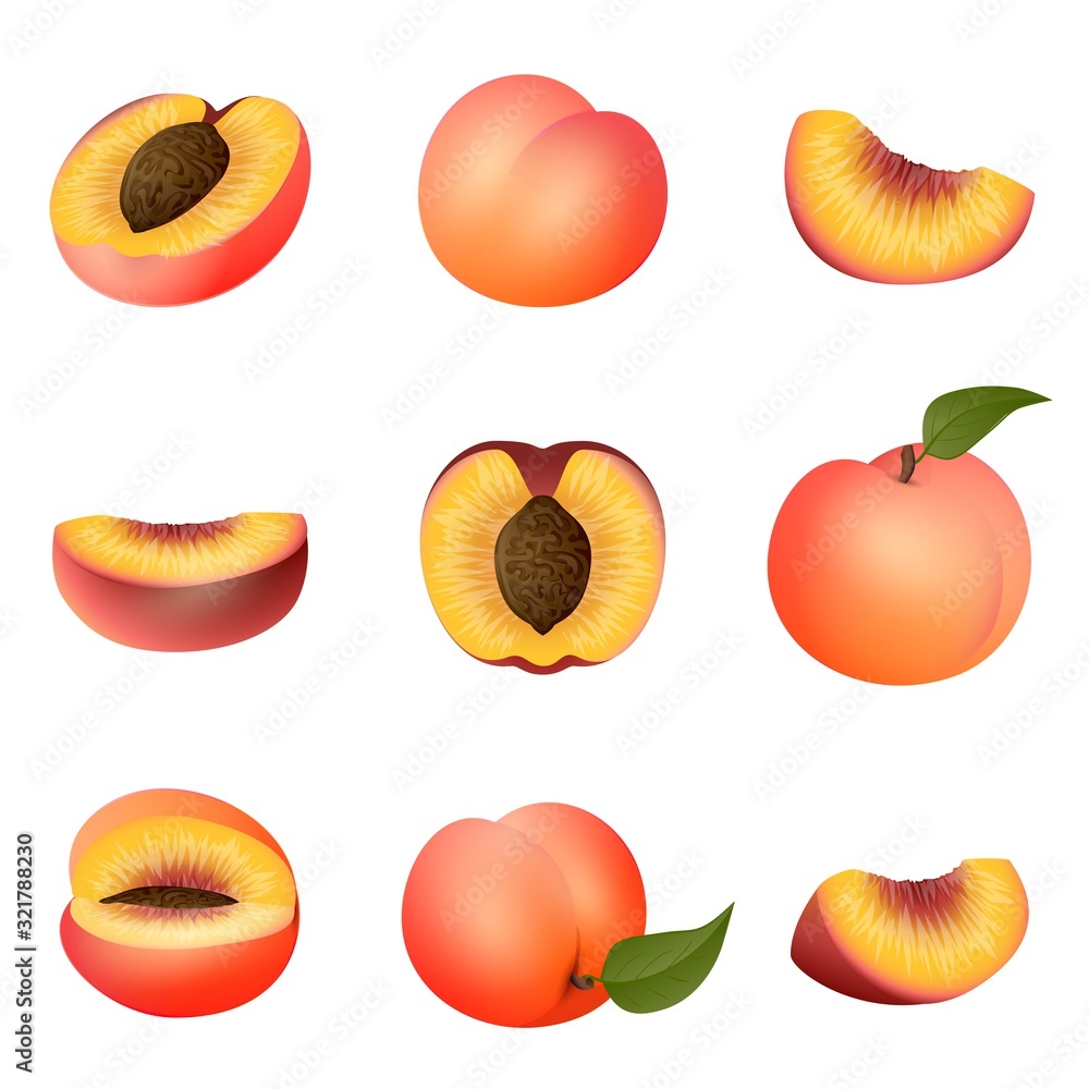 Poster peach icons set. cartoon set of peach vector icons for web design