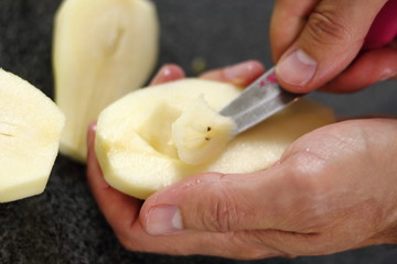 Removing cores of pears. Making Chocolate, Pear and Pecan Pie Series.