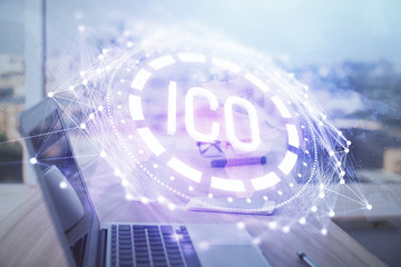 Double exposure of blockchain theme hologram and table with computer background. Concept of bitcoin crypto currency.