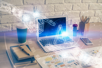 Double exposure of desktop computer and technology theme hologram. Concept of software development.
