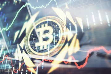 Double exposure of blockchain theme hologram and table with computer background. Concept of bitcoin crypto currency.