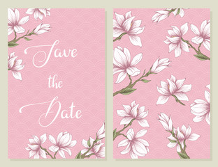 Save the date. Card / template with pink magnolias
