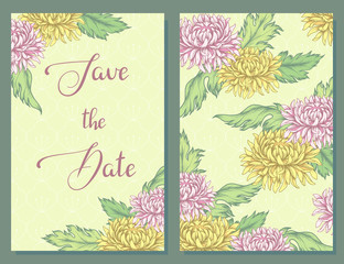 Save the date. Card / template with pink and yellow chrysanthemums