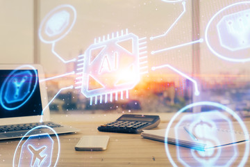 Double exposure of desktop computer and technology theme hologram. Concept of software development.