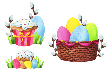 Happy Easter! set of Easter compositions with painted eggs, willow, cake. Isolated watercolor objects on a white background. For holiday design, stickers, postcards, labels