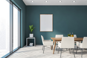 Blue panoramic dining room with poster
