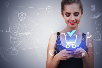 Smiling woman with phone, online shopping GUI