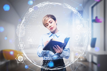 Asian woman with notebook in office, network GUI